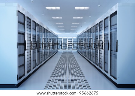 White Server Room Network/communications server cluster in a server room. CG Image. Royalty-Free Stock Photo #95662675