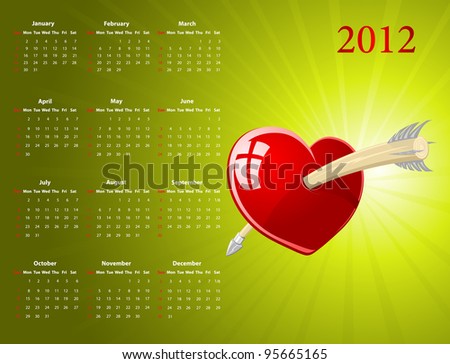 Vector American calendar with glossy heart for Valentines Day, starting from Sundays