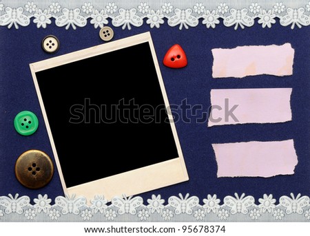 Retro background or greeting card with old photo and lacy border