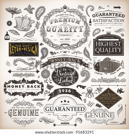 vector set: calligraphic design elements and page decoration, Premium Quality and Satisfaction Guarantee Label collection with vintage engraving flowers