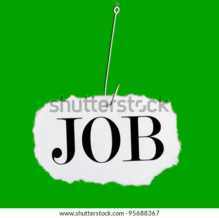 Word JOB on a fishing hook on green background