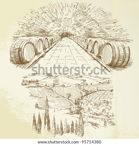 wine, winery, vineyard - hand drawn set Royalty-Free Stock Photo #95714380