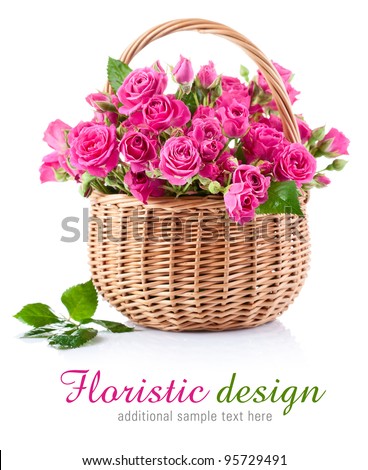 bouquet of pink roses in basket isolated on white background Royalty-Free Stock Photo #95729491