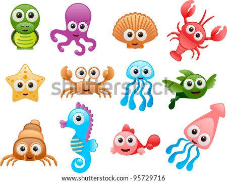 vector sea animals cartoon set - Separate layers for easy editing