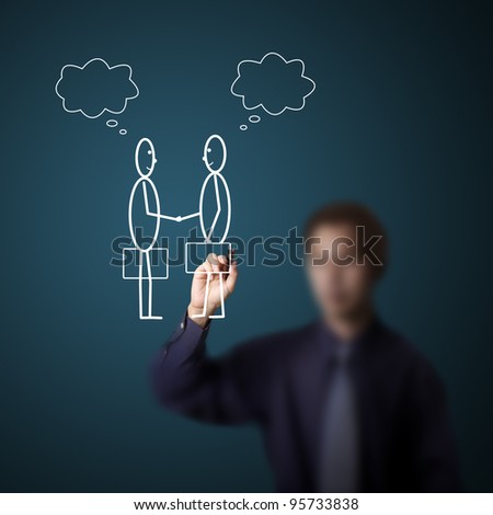 business man drawing two businessman checking hand and making deal with blank thinking bubble
