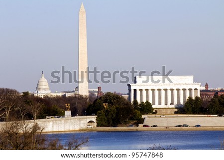 Lincoln Memorial, Washington Monument and Capitol building in line before sunset sunset