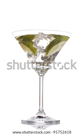 cocktail with ice, lemon and green lime isolated on white