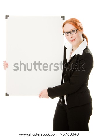 Businesswoman with glasses holding blank whiteboard sign.