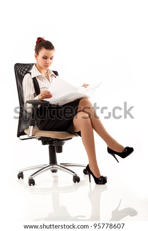 business woman cheerful working notebook isolated on white background