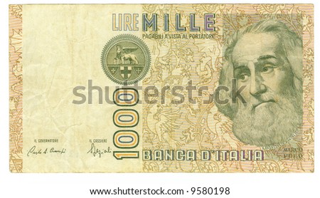 1000 lira bill of Italy, glaucous portrait