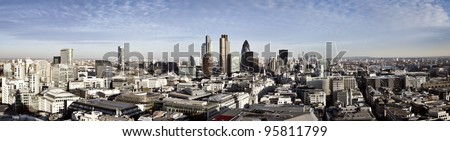 City of London one of the leading centres of global finance. This panoramic view includes Tower 42, Gherkin,Willis Building, Stock Exchange Tower, Lloyd`s of London, the Tower Bridge and Canary Wharf.