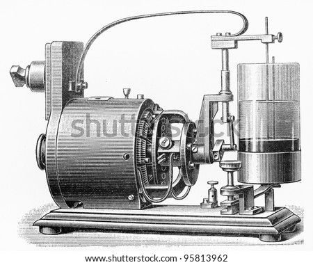 Vintage drawing of a Mercury engine with interrupter contact from early 1900's - Picture from Meyers Lexicon books collection (written in German language ) published in 1909 , Germany.