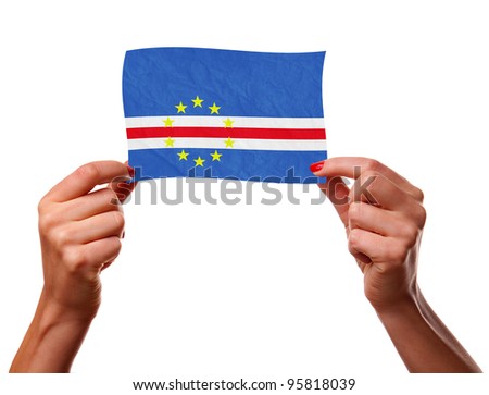 The Cape Verde flag in the woman hands. closeup