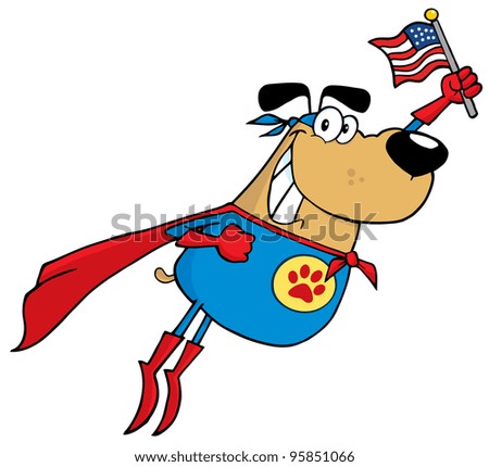 Super Hero Dog Flying And Waving An American Flag