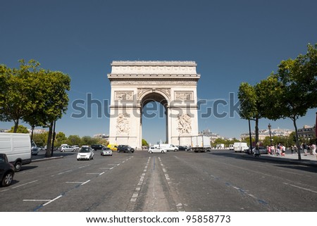 A view down the center of Champs Elysees avenue at the centered iconic front facade Arc De Triomphe on a clear sunny, blue sky day in Paris, France. Horizontal copy space