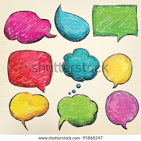 Hand-drawn, colorful speech bubbles