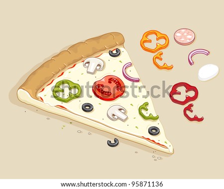 Pizza slice with ingredients. No gradients used.