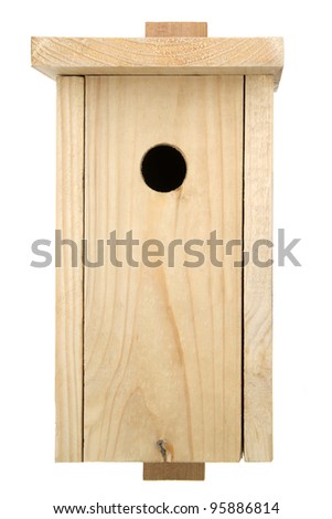New wooden bird box, on white background. Royalty-Free Stock Photo #95886814