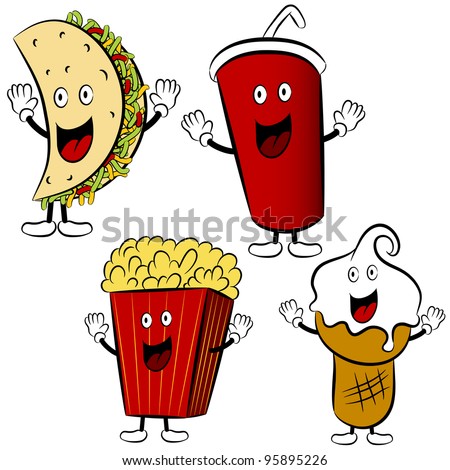 An image of a fast food taco, soda, popcorn and ice cream cartoon mascots.