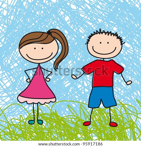 cute boy and girl sketch background. vector illustration