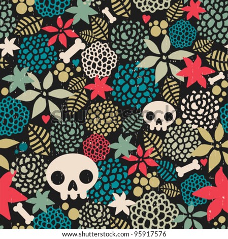 Big skulls and flowers seamless background. Beautiful vector texture.