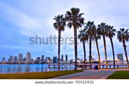 California Palm Trees and City of San Diego, California USA Royalty-Free Stock Photo #95925931