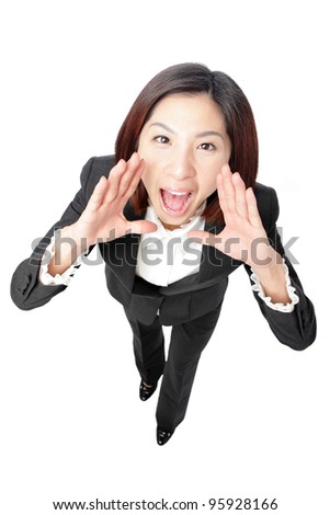 Business Woman Shouting - Isolated over a White Background, funny shot from high view, model is a asian beauty