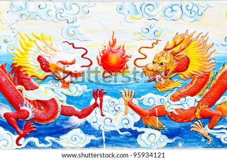  dragon statue in Chinese temple. Dragon painting in Wat Thai ,wonderful art Thailand
