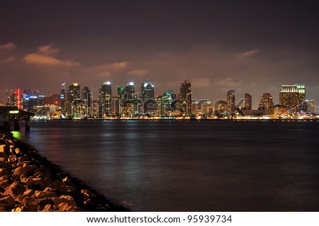 The skyline of San Diego, California is viewed at night from Harbor Island.