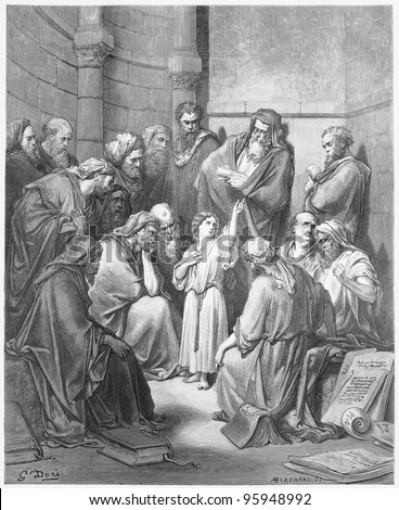 Jesus with the Doctors - Picture from The Holy Scriptures, Old and New Testaments books collection published in 1885, Stuttgart-Germany. Drawings by Gustave Dore.