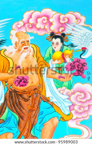 Painting Chinese style in Thailand Temple that there are a lot  Story of gods on the  wall