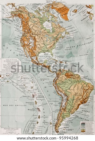 America physical map with Lesser Antilles insert map. By Paul Vidal de Lablache, Atlas Classique, Librerie Colin, Paris, 1894 (first edition) Royalty-Free Stock Photo #95994268