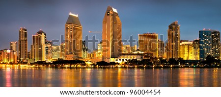 Downtown City of San Diego with Buildings Reflecting in San Diego Bay. San Diego, California USA
