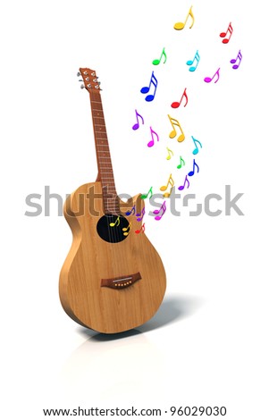 Guitar with painted colorful notes isolated on white