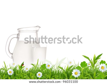 Fresh milk jug and glass with green meadow