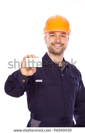 portrait of the builder with visiting card on a white background