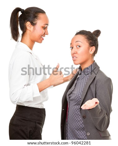 serious discussion of two dark-skinned women on white background