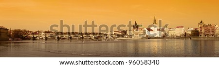 Panorama of Prague Charles Bridge old style in orange