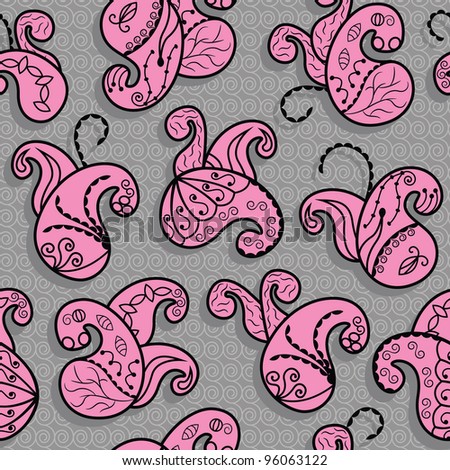 abstract pattern with pink paisley on a gray background