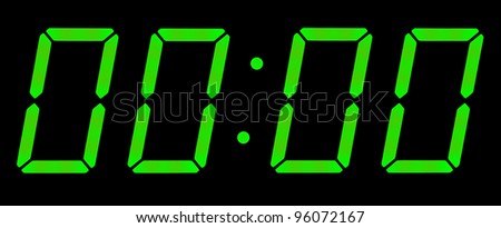 Digital clock show zero hours zero minutes. Isolated on the black background