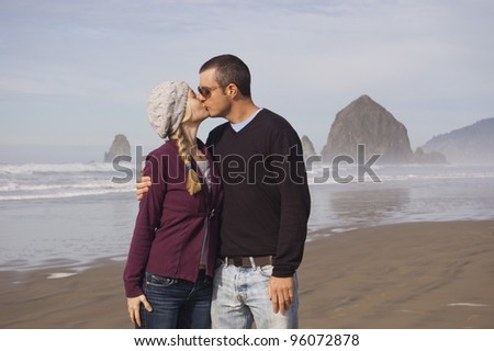 Happy Couple Oregon Cannon Beach Haystack Rock