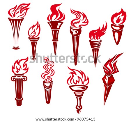 Set of flaming torches icons and symbols isolated on white background, such  a logo. Jpeg version also available in gallery.