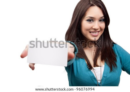 Marketing concept - woman showing business card