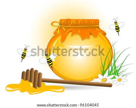 Bottle with honey, grass, bees and daisy