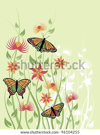 Butterflies and Flowers illustration on a green background.