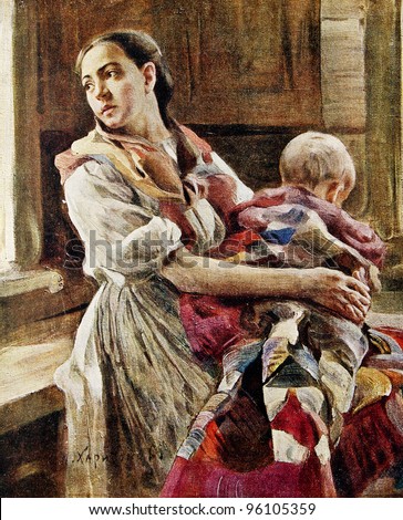 N.Haritonov - "Nanny."  Illustration from "Niva" magazine, publishing house A.F. Marx, St. Petersburg, Russia, 1913