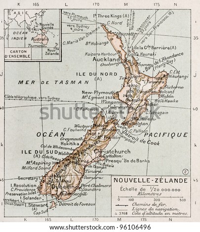 New Zealand old map. By Paul Vidal de Lablache, Atlas Classique, Librerie Colin, Paris, 1894 (first edition)