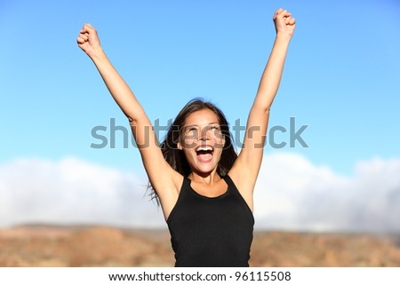 Hiker cheering. Woman hiking cheerful with arms stretched screaming of joy on top of mountain. Beautiful sporty mixed ethnicity woman outdoor. Royalty-Free Stock Photo #96115508
