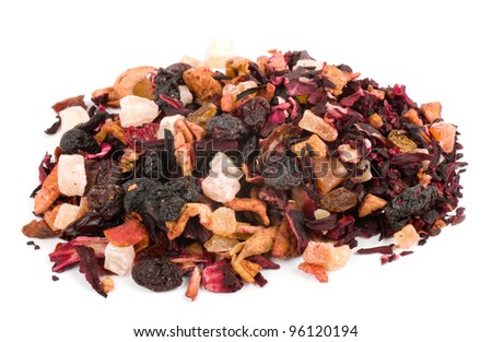 Flower and fruit tea on white background