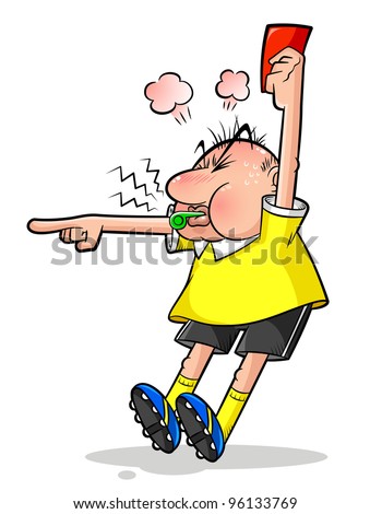 cartoon soccer referee pointing and holding a red card